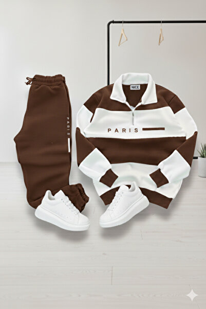 NİCE Unisex Five Piece Mock Neck Paris Printed Tracksuit Set-Top and Bottom Set