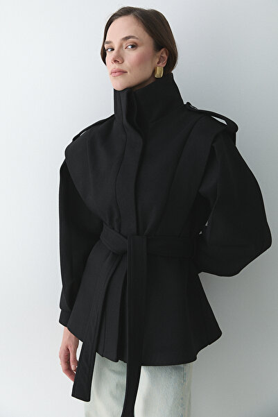Laluvia Black Epaulettes Shoulder Pad Piece Cashmere Coat - 1005