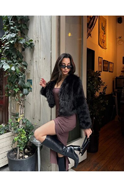 Queensland Non-Shedding Fashion Women's Fur Crop Coat – Short and Stylish Standing Jacket