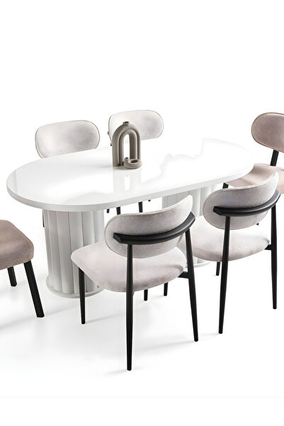 Liya Sare Yemek Masası 6 Kişilik Yemek Masası Salon Yemek Masası Bohem Oval Mutfak Masası 160x90 Cm Beyaz
