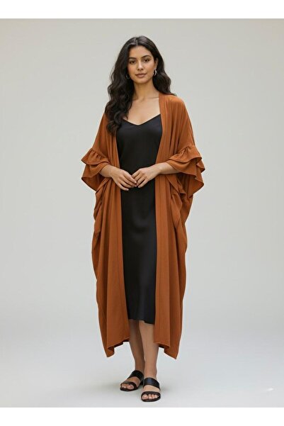 Cockatoo Women's Brick Color Relax Fit Long Ruffle Detailed Kimono & Abaya & Kaftan