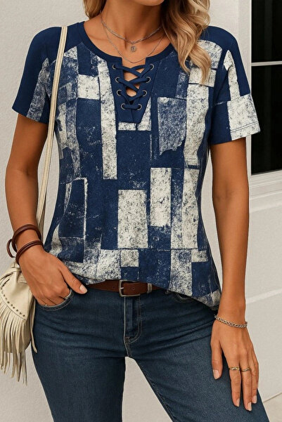 GENCULUS Women's Short Sleeve Lace-Up Collar Bird Eye Detail Single Jersey Blouse