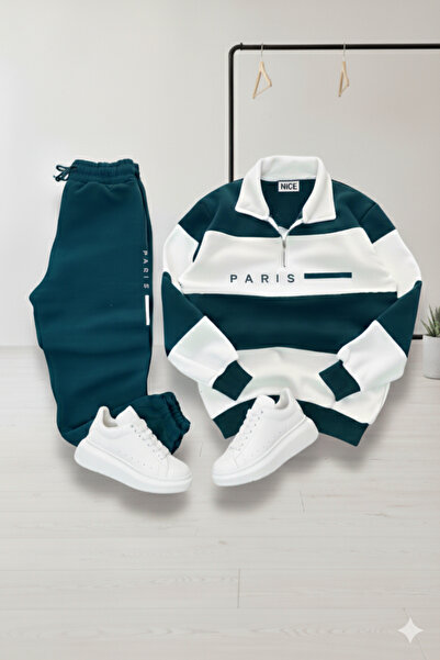 NİCE Unisex Five Piece Mock Neck Paris Printed Tracksuit Set-Top and Bottom Set