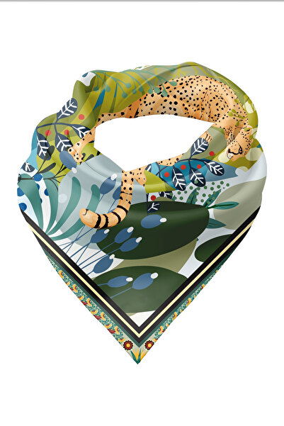 pistore Colorful Floral and Leopard Print Bandana Scarf - Green Leopard Print Scarf