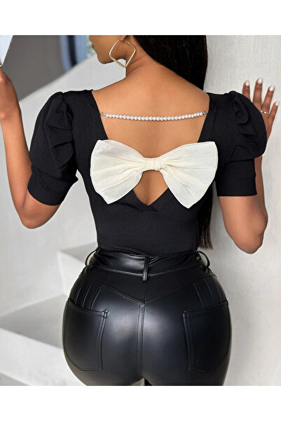 GENCULUS Women's Short Sleeve Back Pearl and Ribbon Detail Watermelon Sleeve Native Crepe Blouse. 109 Pieces Standard Size Back