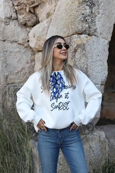 bytugcekaya Ecru Blue Scarf Detailed Sweatshirt