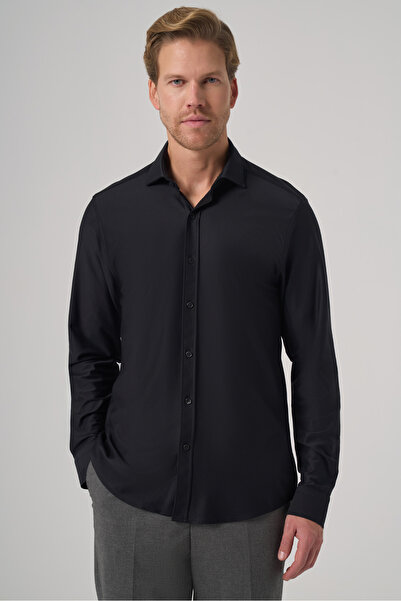 Morven Men's Black Trend Flat Slim Fit Full Italian Collar Shirt