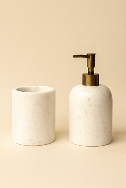 DMR HOME طقم حمام من الرخام الطبيعي - حامل صابون سائل وحامل فرشاة أسنان |   ت...