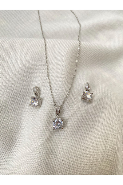 Bade Premium Seri Zirkon Tek Taş Model Çelik Kadın Kolye Küpe Set