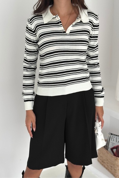 Noi Belis Striped Polo Neck Buttoned Knitwear Sweater Aw25Kz0080