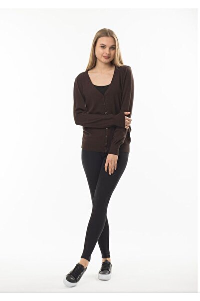 buğrahayalin Brown V-Neck Buttoned Basic Knitwear Women's Cardigan
