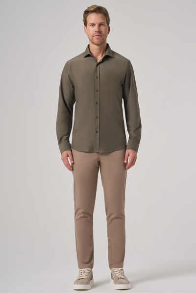 Morven Men's Khaki Trend Plain Slim Fit Full Italian Collar Shirt