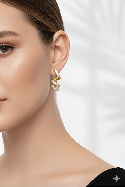 Dorvina أقراط نسائية نحاسية مرصعة بحجر الزركون موديل ملتوي لون ذهبي |   مجوهر...