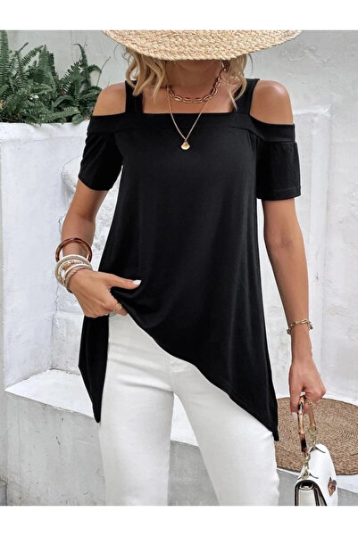 GENCULUS Women's Short Sleeve Off-The-Shoulder Strap Asymmetrical Cut Viscose Blouse