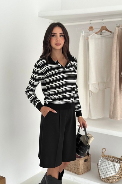 Noi Belis Striped Polo Neck Buttoned Knitwear Sweater Aw25Kz0080
