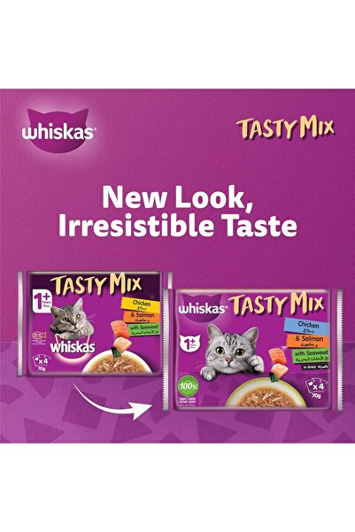 Whiskas Tasty Mix Wet Cat Food – Chicken & Salmon with Seaweed in Jelly, 4 x 70 g