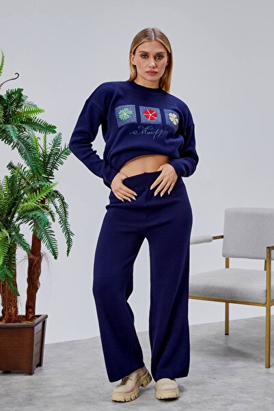 Jinx Wear Fashion Papatya Jeans Süzüne Embroidery Applique Detail Women's 2-Piece Acrylic Knitwear Set