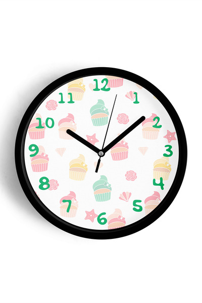 JHAAR Cupcake Desenli Mutfak Duvar Saati - 30cm - Önü Camlı Siyah Kasa - Sess...