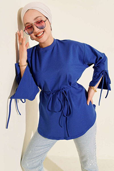 Smy moda Tunic with Two Drawstrings and Lace-Up Sleeves, Crew Neck