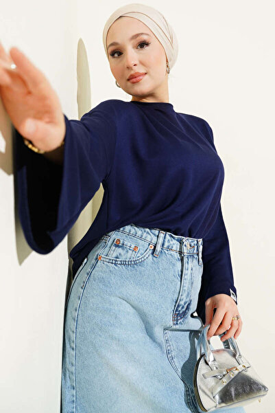 Smy moda Basic Blouse with Wrist Embroidery and Crew Neck