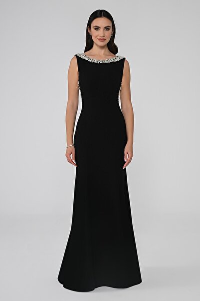 ALFABETA Women's long black evening dress with a round neck and stone details - Graduation dress AB6756-BLACK