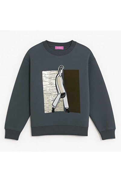 Quzu Print Detailed Oversized Sweatshirt Anthracite
