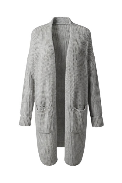 buğrahayalin Women's Gray Long Oversized Knit Cardigan – Thick Knitwear with Pockets