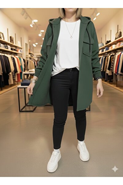 MLS Design Women's Hooded Double Pocket Cashmere Trench Coat Jacket Khaki Color