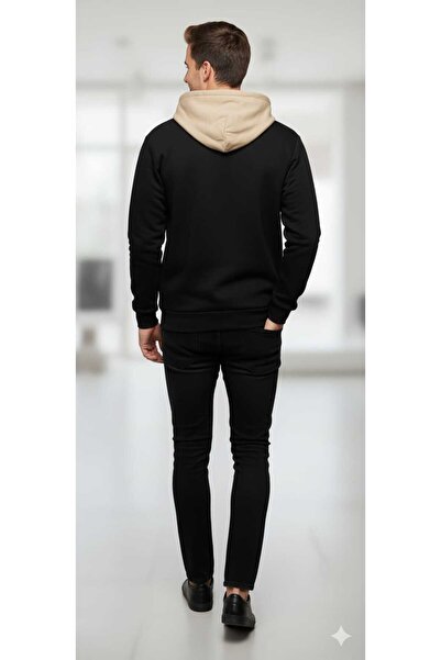 LiyAdaCo Unisex Men's Black Beige Hooded Zippered Cardigan