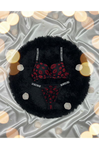 Yume Comfort Siyah Kırmızı Dudak Desenli Işıltılı Taşlı "Love" Askılı Destekl...