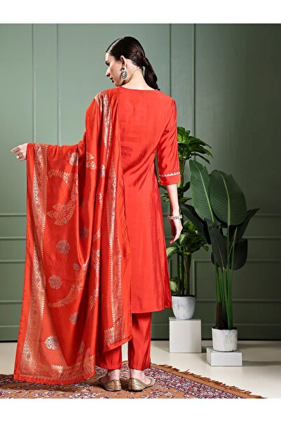 PRIYA'S PANACHE Solid Lotus Embroidered Muslin Silk Straight Kurta Pant Dupatta Set | Indian Festive Dress for Women