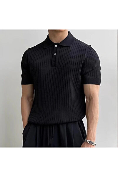 GENCULUS Men's Short Sleeve Collared Collar Buttoned Knitwear Blouse