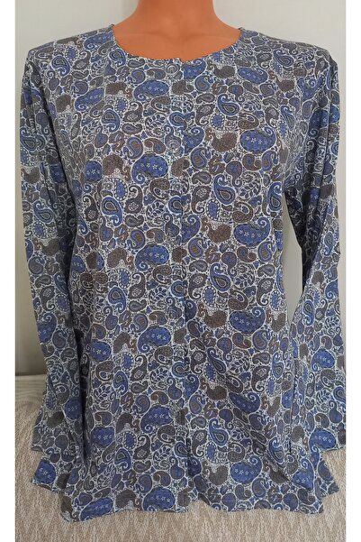 Anne Er Clothing Paper Print Combed Cotton Blouse Long Sleeve Front Buttoned Blue Patterned