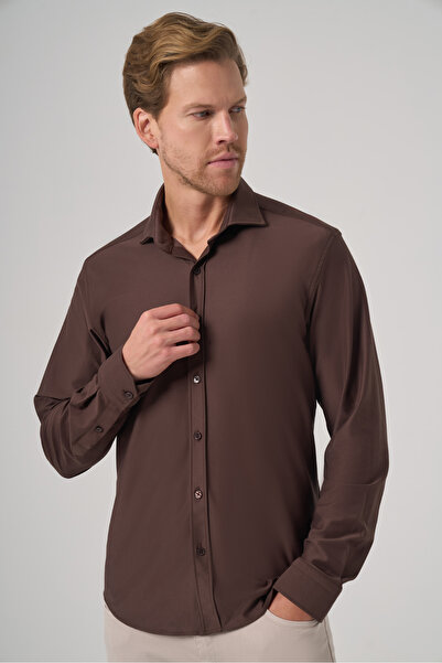 Morven Men's Brown Trend Plain Slim Fit Full Italian Collar Shirt