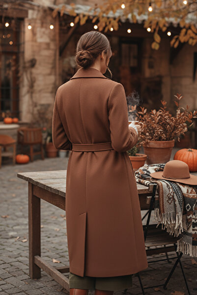 Pissos Women's Belted Cashmere Long Coat – Brown, Lined, Premium Thickness