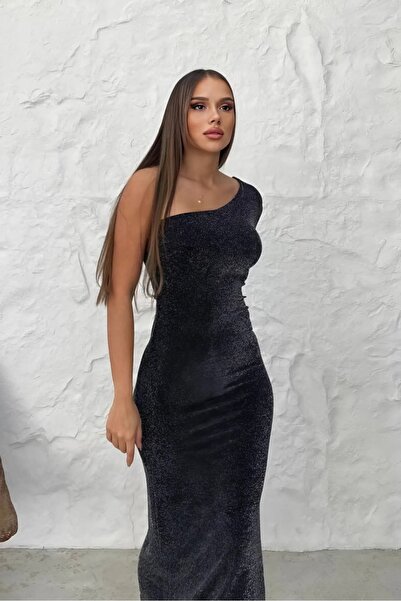 By BAYANA Tek Kol Sim Detay Yırtmaçlı Midi Boy Abiye Elbise