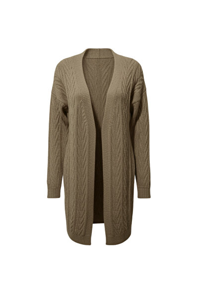 buğrahayalin Women's Beige Long Oversized Knit Cardigan – Chevron Pattern Knitwear