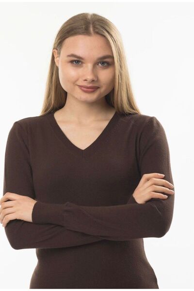 evolise Brown V-Neck Knitwear Sweater