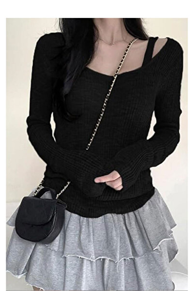 Köstebek Basic Blouse with Madonna Collar and Long Sleeves with Additional Straps