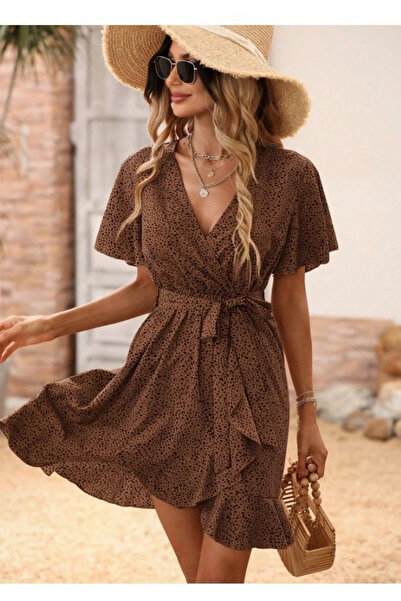 GENCULUS Women's Short Butterfly Sleeve Double Breasted Collar Waist Belted Short Patterned Single Jersey Dress