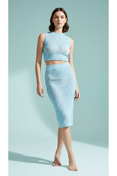 Digz fashion %100 Cotton Mavi Delikli Bikini Üstü Triko Etek