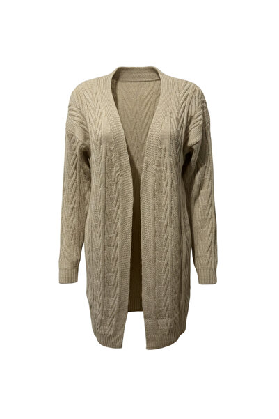 buğrahayalin Women's Cream Long Oversized Knit Cardigan – Chevron Pattern Knitwear