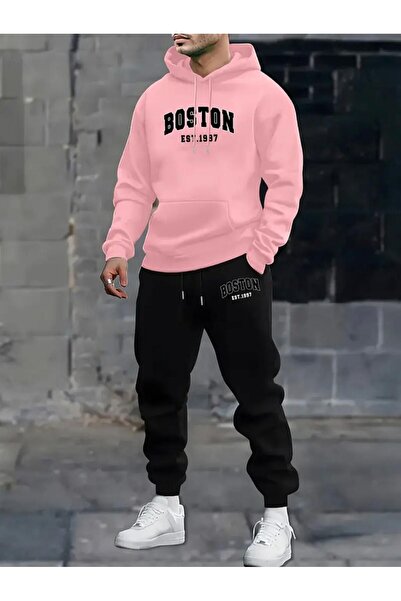 HerTarzınTrendi طقم سويت شيرت وبنطلون رياضي للرجال من BOSTON بغطاء رأس – مجمو...