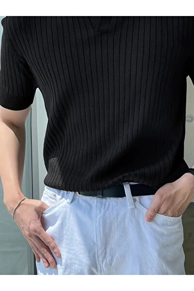 GENCULUS Men's Short Sleeve Collared Collar Buttoned Knitwear Blouse