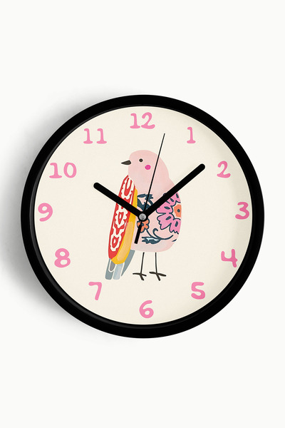 JHAAR ساعة حائط لغرفة الأطفال على شكل طائر لطيف - 30 سم - هيكل أسود مع زجاج أ...