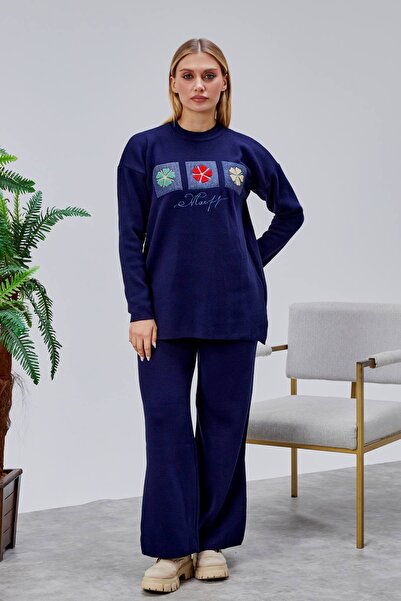 Jinx Wear Fashion Papatya Jeans Süzüne Embroidery Applique Detail Women's 2-Piece Acrylic Knitwear Set