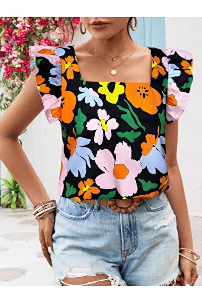 GENCULUS Women Short Ruffle Sleeve Square Neck Floral Patterned Imported Linen Blouse