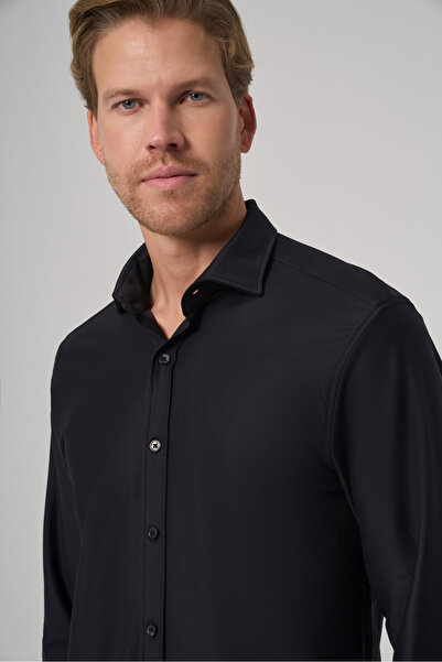 Morven Men's Black Trend Flat Slim Fit Full Italian Collar Shirt