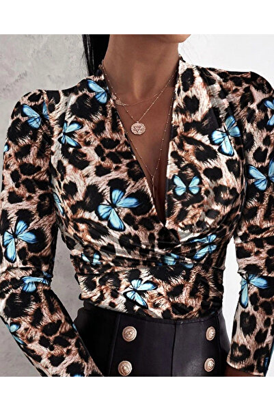 GENCULUS Women's Long Sleeve Double Breasted Neckline Butterfly Print Raised Diving Blouse