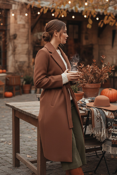 Pissos Women's Belted Cashmere Long Coat – Brown, Lined, Premium Thickness